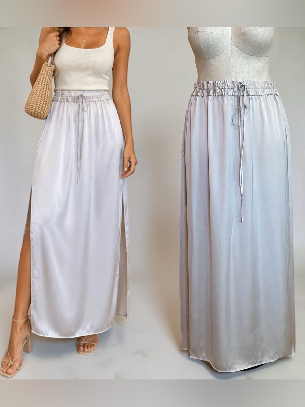 H&M Light Silvery Gray/Oyster White Satin Maxi Skirt with Side Slits